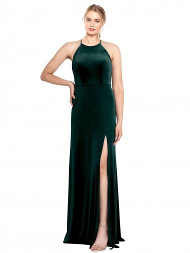 Shop Long Jewel Neck Full Length Velvet Bridesmaid Dress / Prom Dress with Side Slit London