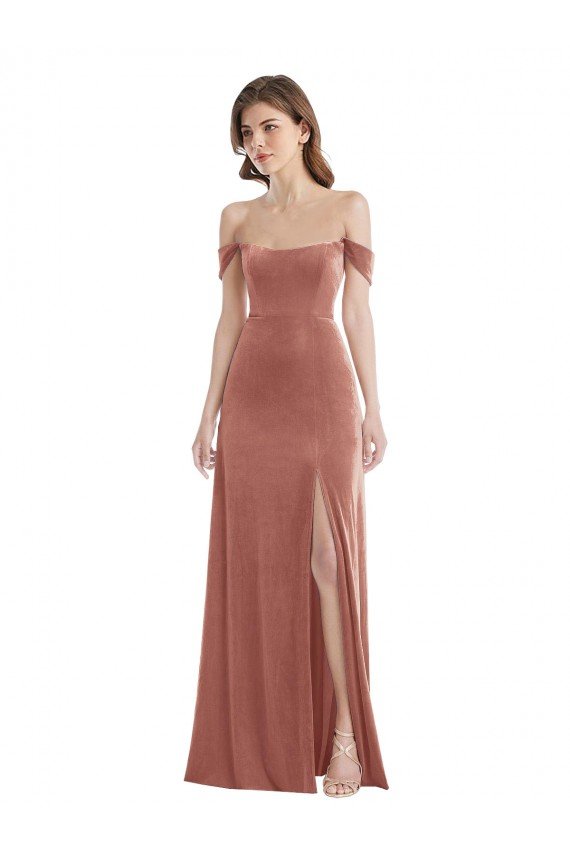 Off the Shoulder Flounce Sleeve Velvet Maxi Bridesmaid Dress / Prom Dress