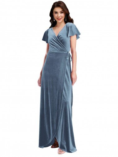 Shop Flutter Sleeve Velvet Wrap Maxi Bridesmaid Dress / Prom Dress with Pockets London