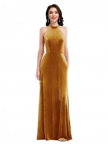 Shop High-Neck Halter Velvet Maxi Bridesmaid Dress / Prom Dress with Front Slit London