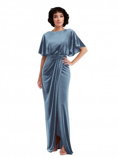 Shop Flutter Sleeve Open Back Velvet Maxi Bridesmaid Dress / Prom Dress with Draped Wrap Skirt London