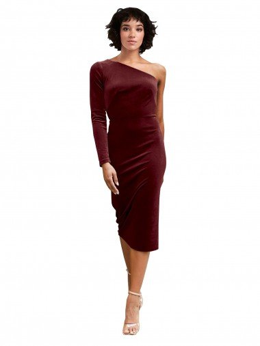 Shop One Shoulder Fitted Short Midi Length Velvet Bridesmaid Dress / Prom Dress London