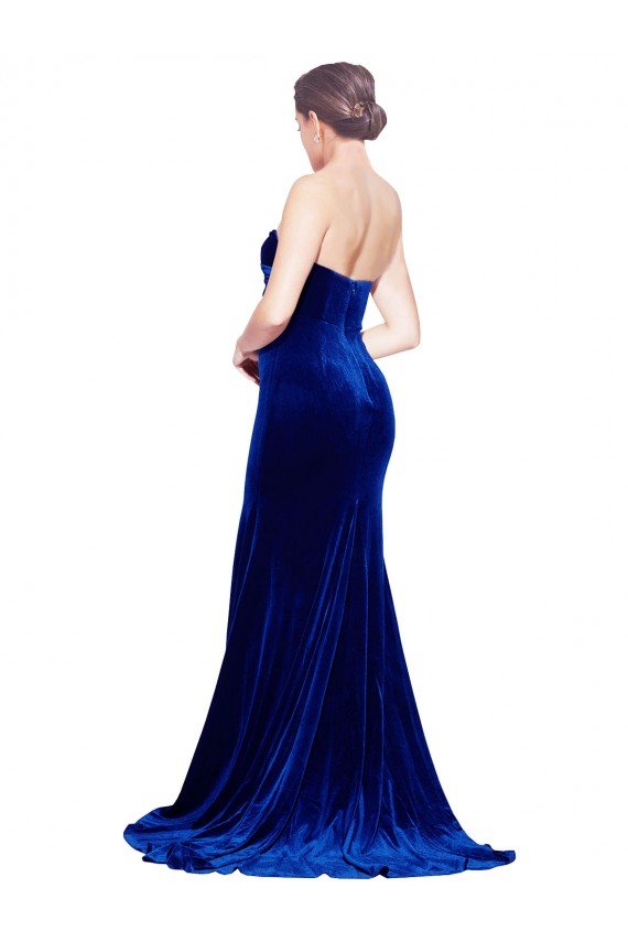 Strapless Ruched Formal Velvet Bridesmaid Dress / Prom Dress with Sweep Train and Front Slit