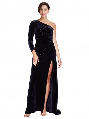 Shop One Sleeve Long Formal Velvet Bridesmaid Dress / Prom Dress with Thigh High Split London
