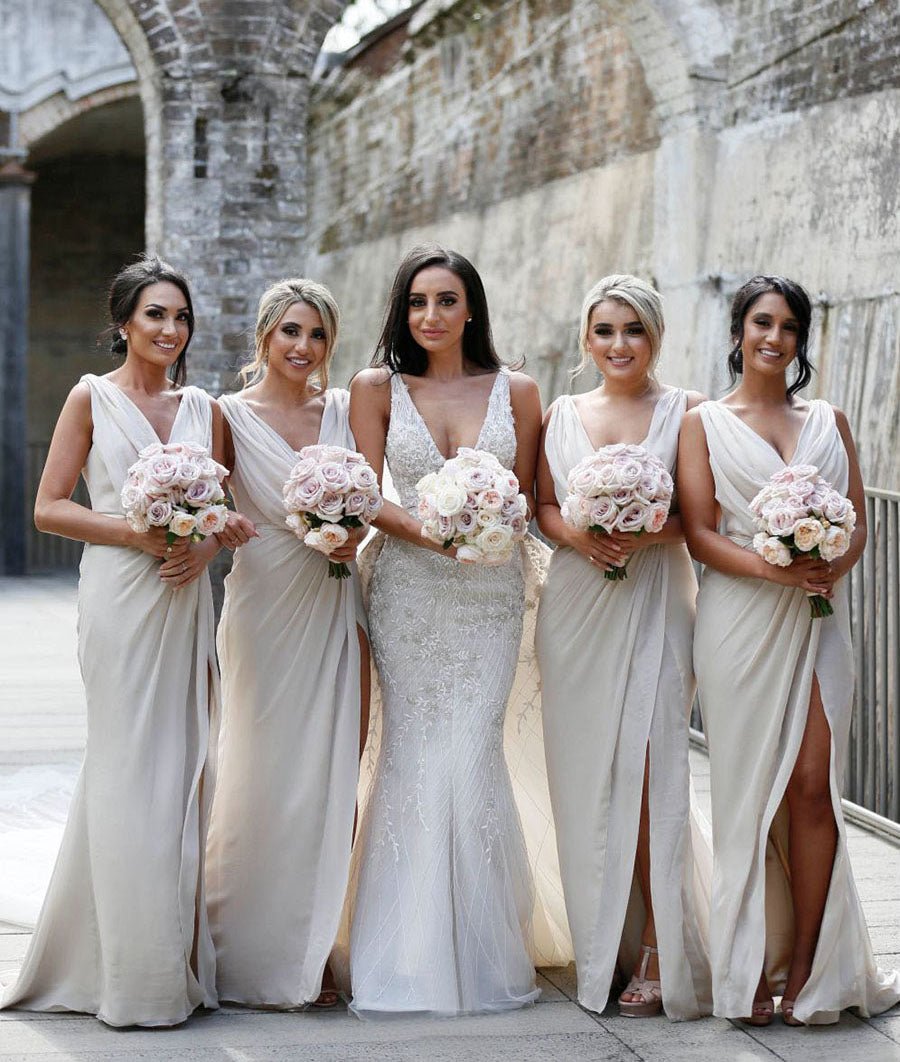 Full Length Luxe Chiffon Long Champagne bridesmaid dresses London with Sexy High Slit and Front Ruffles