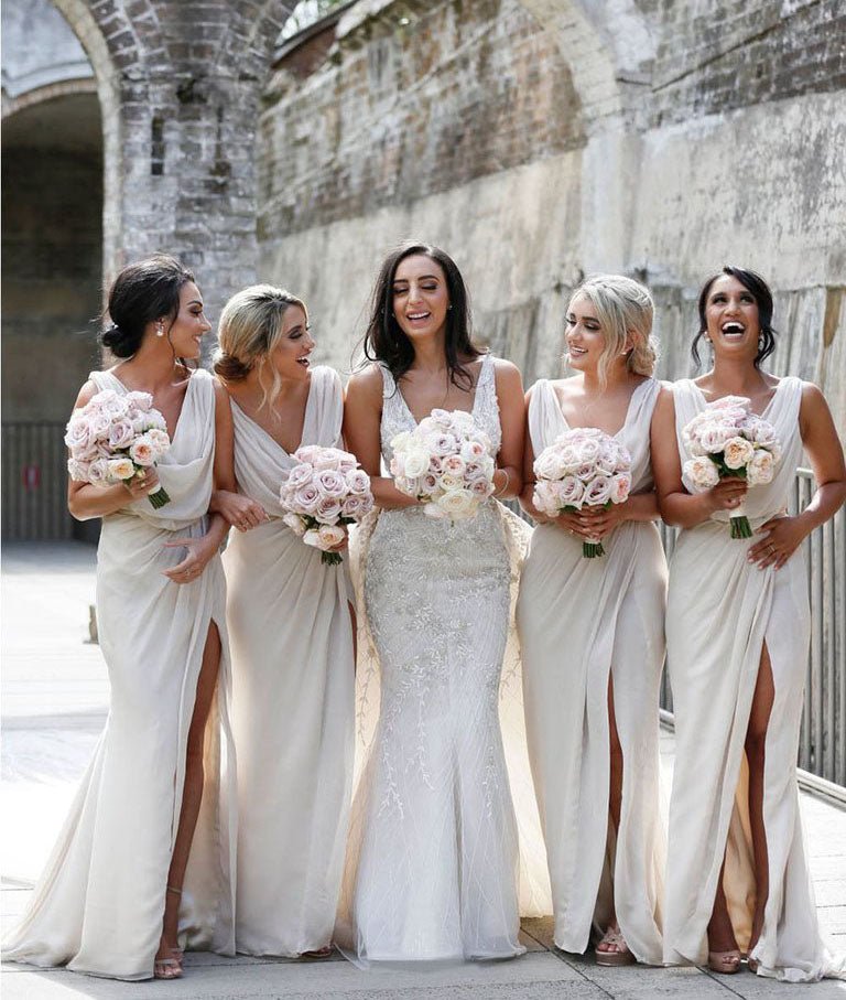 Full Length Luxe Chiffon Long Champagne bridesmaid dresses London with Sexy High Slit and Front Ruffles