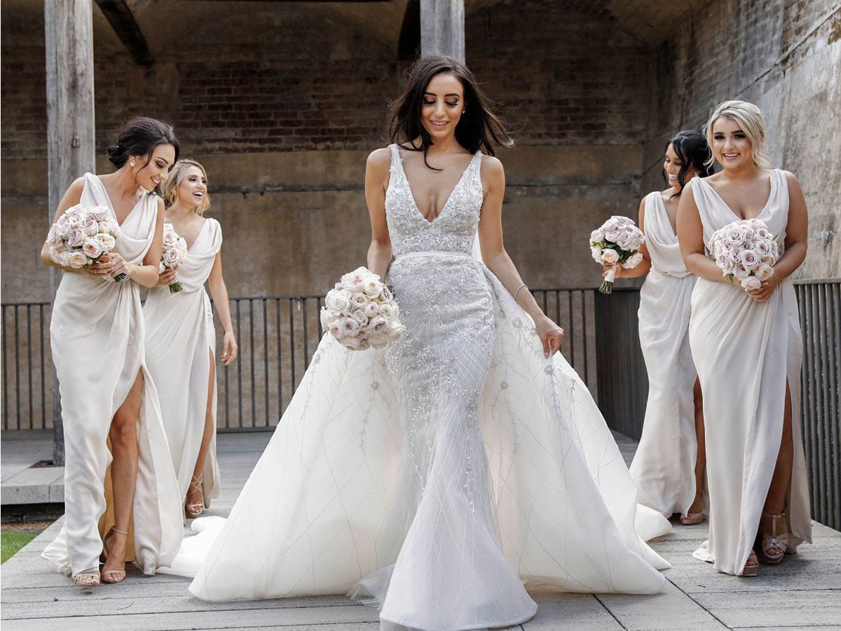 Full Length Luxe Chiffon Long Champagne bridesmaid dresses London with Sexy High Slit and Front Ruffles