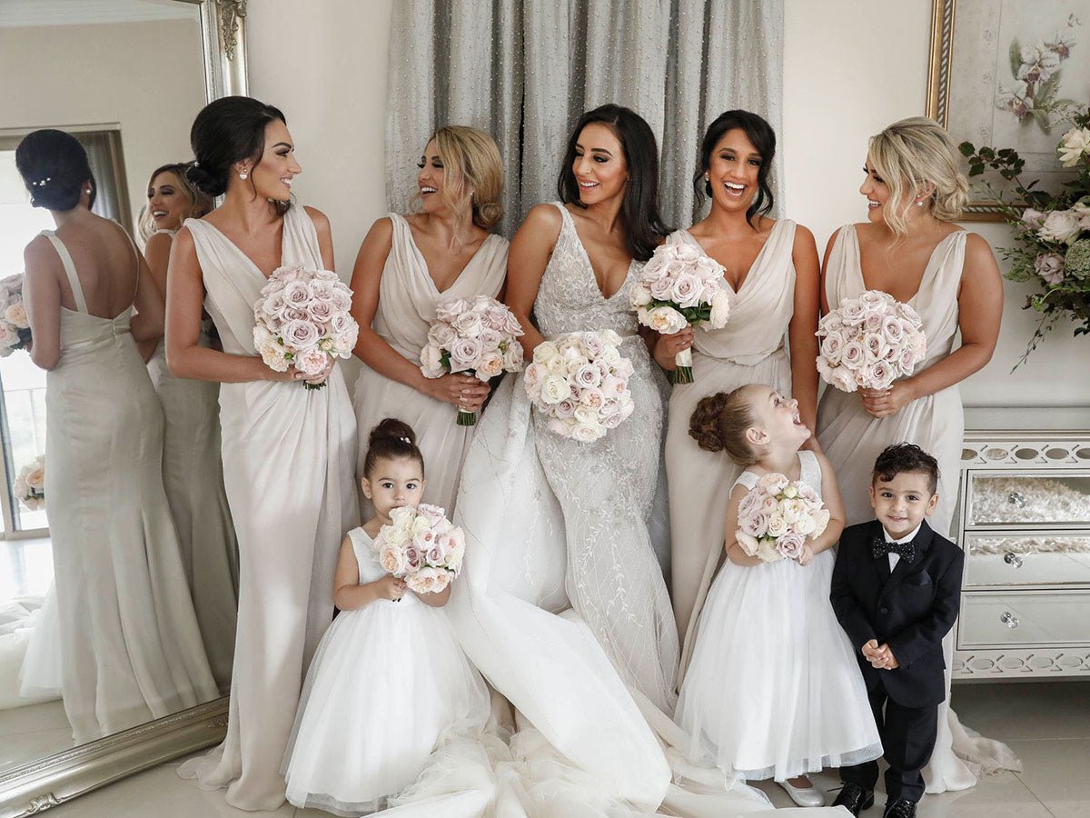 Full Length Luxe Chiffon Long Champagne bridesmaid dresses London with Sexy High Slit and Front Ruffles