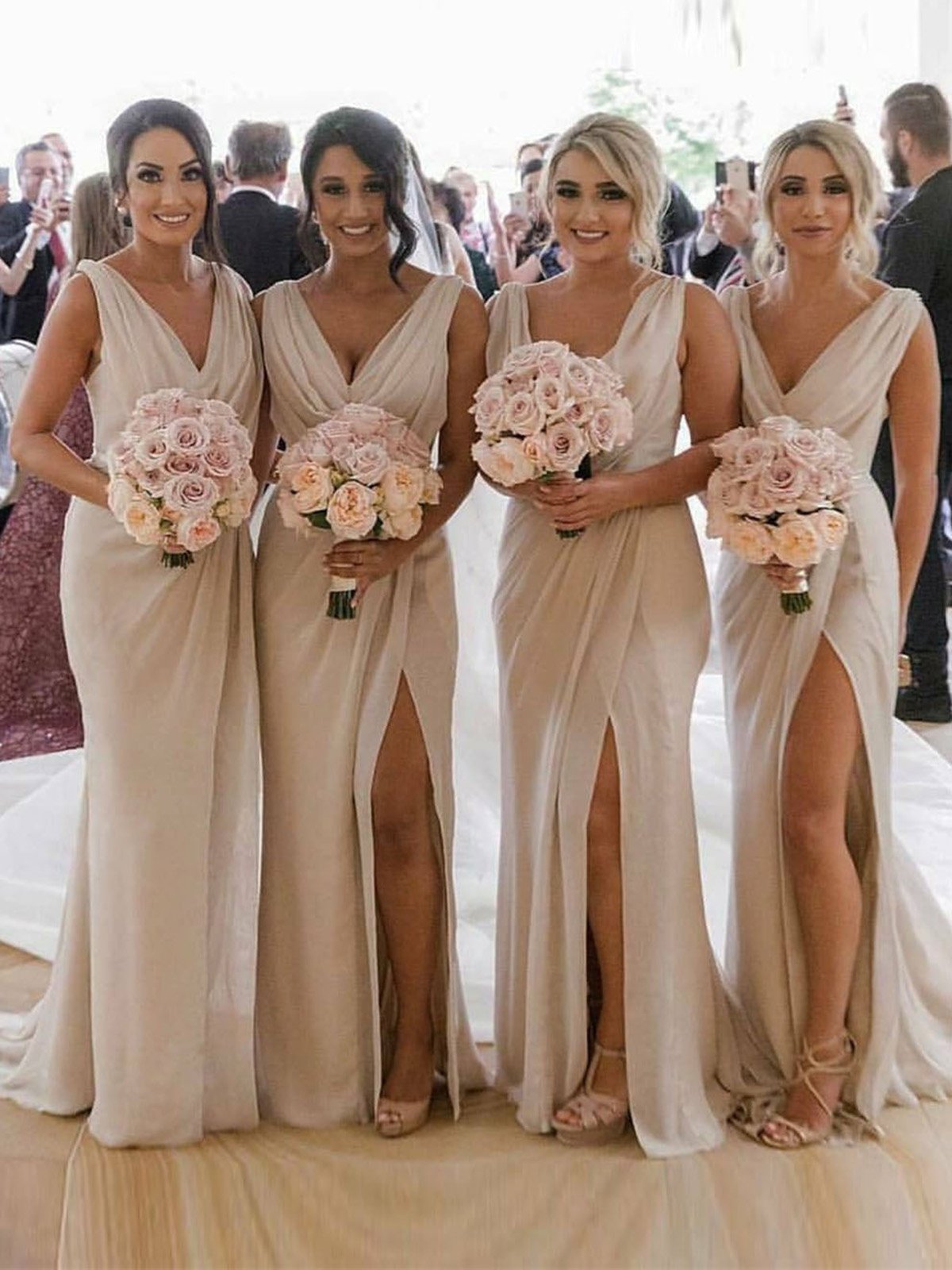 Champagne Full Length Luxe Chiffon Long Champagne bridesmaid dresses London with Sexy High Slit and Front Ruffles